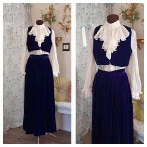 Vintage 70s Maxi Skirt Matching Vest Purple VELVET Laurel Canyon Fashion XS - Picture 1 of 11