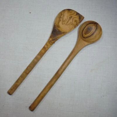 OLIVE WOOD SPOON AND SPATULA SET 12" LONG MEDITERRANEAN DISTINCTIVE GRAIN KITCHE - Image 1 of 4
