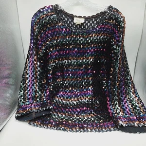 Flagg Etc Sequin Batwing Shirt Zig Zag Mesh Top Size Large Read - Picture 1 of 8