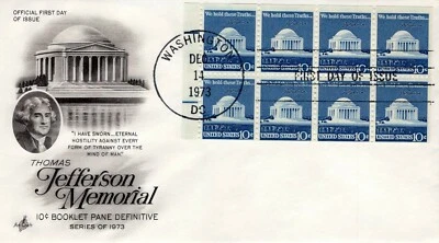 USPS FDC #1510c 1973 10¢ Jefferson Memorial Booklet Pane 8 Stamp Artcraft ST2027 - Image 1 of 2