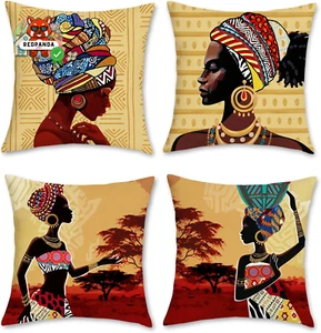 Federe per Cuscini Donne Africane 45X45Cm Copricuscini Decorativi Etnico Tribale - Foto 1 di 6