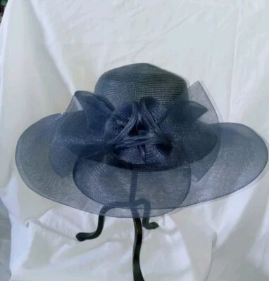 De colección Gris Azulado Poliéster Flor Formal Iglesia Sombrero Ala 17" Cabeza 7" Foto 1 de 4