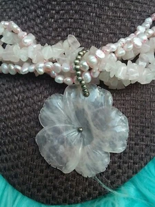 Vintage 1970s  Pink Jadeite Quartz   Pearl necklace multistrand floral tropical  - Picture 1 of 8