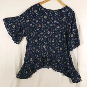 a.n.a Damen Größe Large marineblau Blumenmuster asymmetrischer Saum Bluse Glockenärmel - Bild 1 von 11