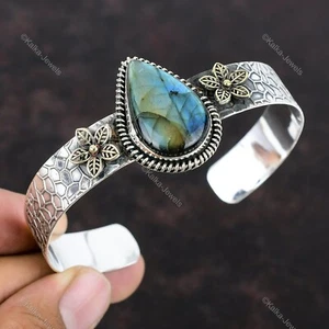 Natural Labradorite Gemstone Bangle Flower Blue Adjustable 925 Sterling Silver - Picture 1 of 10