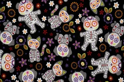 Skeleton Dog Cat Teddy Bear Day of the Dead Fabric Halloween JoAnn 32.5" x 66.5" - Image 1 of 4