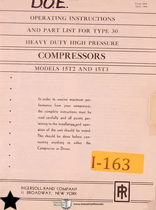 Ingersoll Rand 15T2 15T3, Type 30 Compressor Operations Parts Manual Year (1954) - Picture 1 of 1