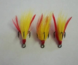 3 Dressed Treble Hooks with DARK YELLOW HAIR and Red Feather * Hook size #6 * - Picture 1 of 2