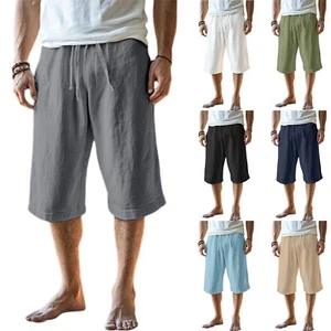 Pantaloncini Uomo Lino, Casual Leggeri Spiaggia Casual Dritti Sette - Punti - Foto 1 di 33