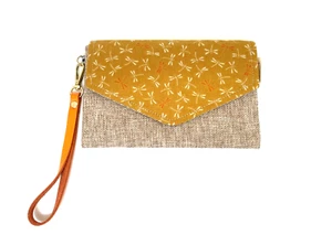 New Handmade Japanese Yellow Dragonfly Linen Canvas Envelope Wallet 8" x 5" - Picture 1 of 4