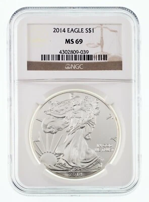 2014 $1 Silver American Eagle Valutato Da NGC Come MS-69 - Immagine 1 di 4