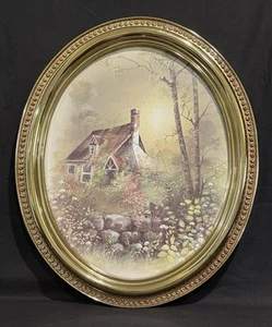 Vintage Home Interior Syroco Print 3268 Cottage Cabin House Gold Oval Frame 1984 - Picture 1 of 8