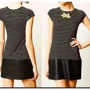 Bailey 44 Striped Jersey Dress w/Faux Leather Hem Black/Tan- M - Picture 1 of 10