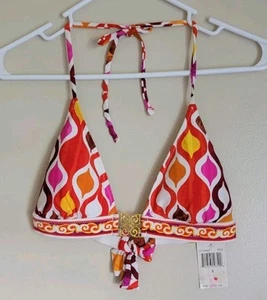 NWT Trina Turk Halter Bikini Top Womens 8 Red Ogee Hipster Gold Buckle Mandala - Picture 1 of 10