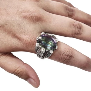 NATURAL MYSTIC TOPAZ GEMSTONE 925 STERLING SILVER CHRISTMAS HEAVY MENS RING - Picture 1 of 9