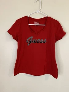 Guess Women’s Red Top Short Sleeves V-neck With Rhinestone Logo Size Large - Picture 1 of 10