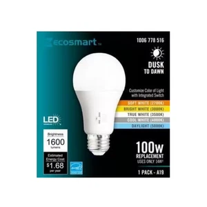 EcoSmart A19 LED Bulb White 100W Eq Selectable 2700-5000K Dusk-to-Dawn Dim - Picture 1 of 8