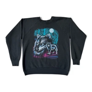 Vintage Crewneck Sweatshirt Colorful Wolves w/ Full Moon Graphic XXL Made in USA - Picture 1 of 10