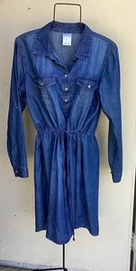 Serra Lyocell Soft Denim Shirt Dress W/Drawstring Tie Dark Wash Woman’s Sz Large - Picture 1 of 8