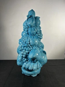 Vntg Turquoise Blue Crackle Glaze Ceramic Fruit Topiary Sculpture Signed 14.5” - Picture 1 of 19