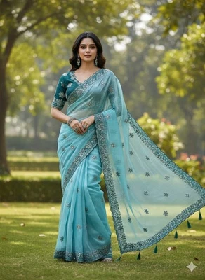 INDIAN PAKISTANI WEAR WEDDING PARTY SAREE BOLLYWOOD ETHNIC DESIGNER SARI - Image 1 of 4