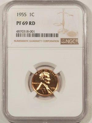 1955 PROOF LINCOLN CENT - NGC PF-69 RD, VIRTUALLY PERFECT! - Image 1 of 3