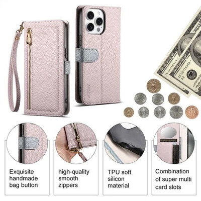 Zipper Leather Wallet Phone Case for iPhone 16 Pro 12 13 15 14 16 17 - Image 1 of 4