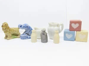 Lote 10 piezas miniaturas vintage jarra perro elefante madera cerámica botellas bloques - Imagen 1 de 7