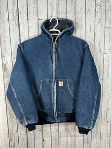 VTG Carhartt JB848 Aztec Lined Denim Union Faded Workwear Men Jacket Size Large - Picture 1 of 12