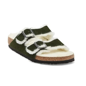 Birkenstock Men's Arizona Sandal Suede Strap Lambswool Lined Mountain View Green - Picture 1 of 5