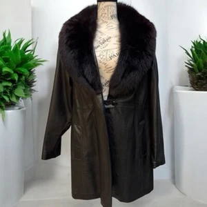 Vintage Damen New England Ledermantel schwarz Pelzkragen Größe 10 - Bild 1 von 9