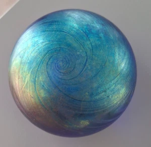 Signed Trout Studios Iridescent Blue Swirl Art Glass Paperweight - Picture 1 of 4