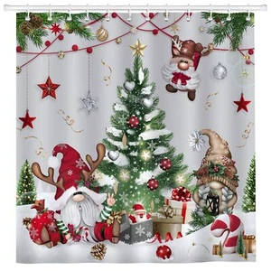 Christmas Gnomes Shower Curtain Xmas Tree Balls Gift Boxes Winter Holiday Dec... - Picture 1 of 2