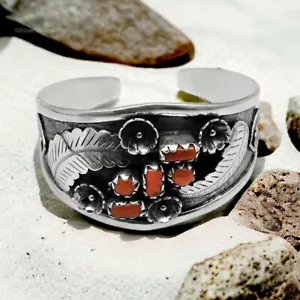 Coral Piedra Sólido 925 Plata de Ley Raíz Chakra Bisel Día de la Madre Brazalete - Imagen 1 de 6