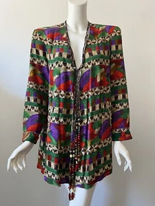 Vintage Platinum by Dorothy Schoelen Colorful Printed Tie Front Rayon Blazer S - Picture 1 of 7