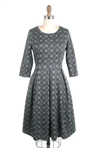 NWT FROCK SHOP L Grey Knit Geo Pattern 3/4 Sleeve Pleated Fit-n-Flare Dress New - Picture 1 of 7