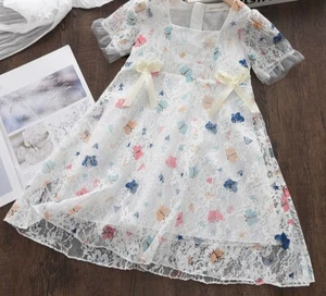 White & Pastel, Butterfly & Lace Lined Dress - 140cm /  Age Guide 6-7 - Picture 1 of 6