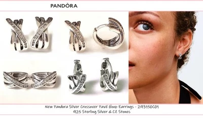 New Pandora Silver Crossover Pavé Hoop Earrings (293150C01) + Pouch & Free Post - image 1 of 4
