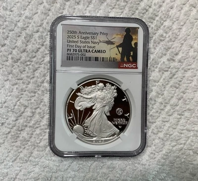 2025-S $1 United States Silver Eagle Proof Coin Navy Privy NGC PF 70 UC FDOI - Image 1 of 2