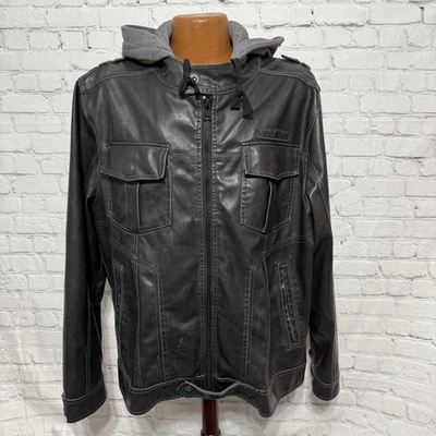 Men’s BKE Vegan Leather Jacket XXL Black Full Zip Hoodie Motorcycle Military - Image 1 of 4