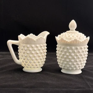 Vintage Fenton Hobnail Milk Glass Cream and Covered Sugar Bowl - Picture 1 of 12