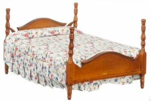 Dollhouse Miniature Walnut Traditional Double Bed in Floral Print - Picture 1 of 1