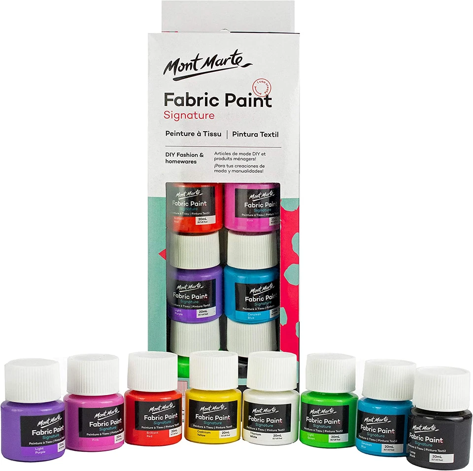 Mont Marte Permanent Fabric Paint Set 8 X 20ml Vivid Colours for Textile Fabr...
