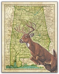 Whitetail Deer Hunting Vintage Alabama State Map Art Print Cabin Wall Decor Gift - Picture 1 of 1
