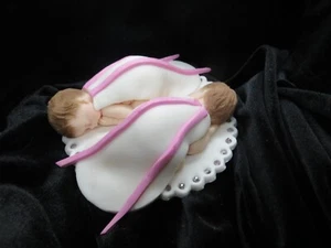 Twin girls in sparkly dresses with pink ribbons/ baby shower baptism cake topper - Picture 1 of 5