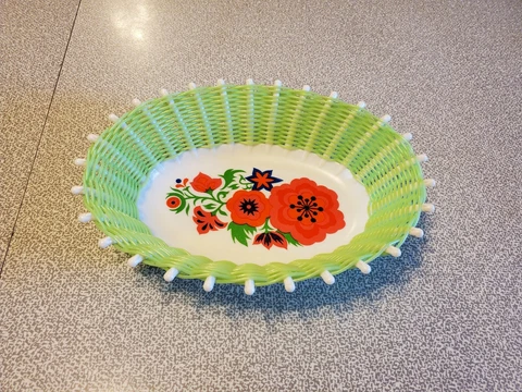 Vintage Plastic Woven Fruit Basket Green Vinyl Floral Design Cover
