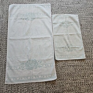 Cannon Bath & Hand Towel Royal Family Retro Mod Flowers Mint Green USA Vintage - Picture 1 of 14