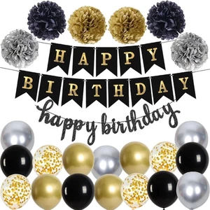 Geburtstagsdeko Set, Luftballons, Girlande, Pompoms, Schwarz Gold, Party - Bild 1 von 7