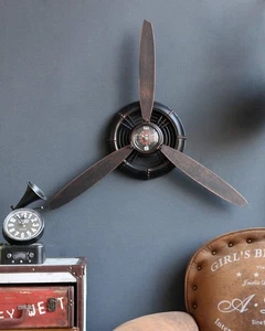 Wall Clock Vintage Propeller Silent Rustic Decor Aviation Style 29.5” - Picture 1 of 12