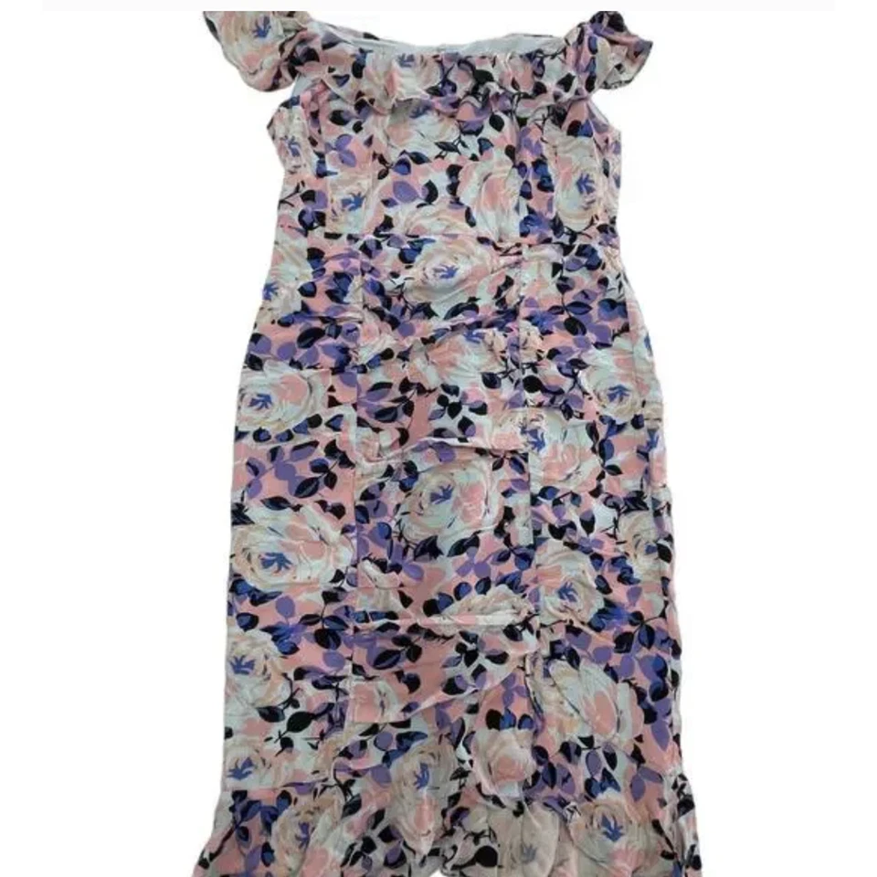 Vestido Nanette Lepore para Mujer 2 Rosa Floral Hombro Descubierto Acanalado Seda Hecho en EE. UU. Foto 1 de 4